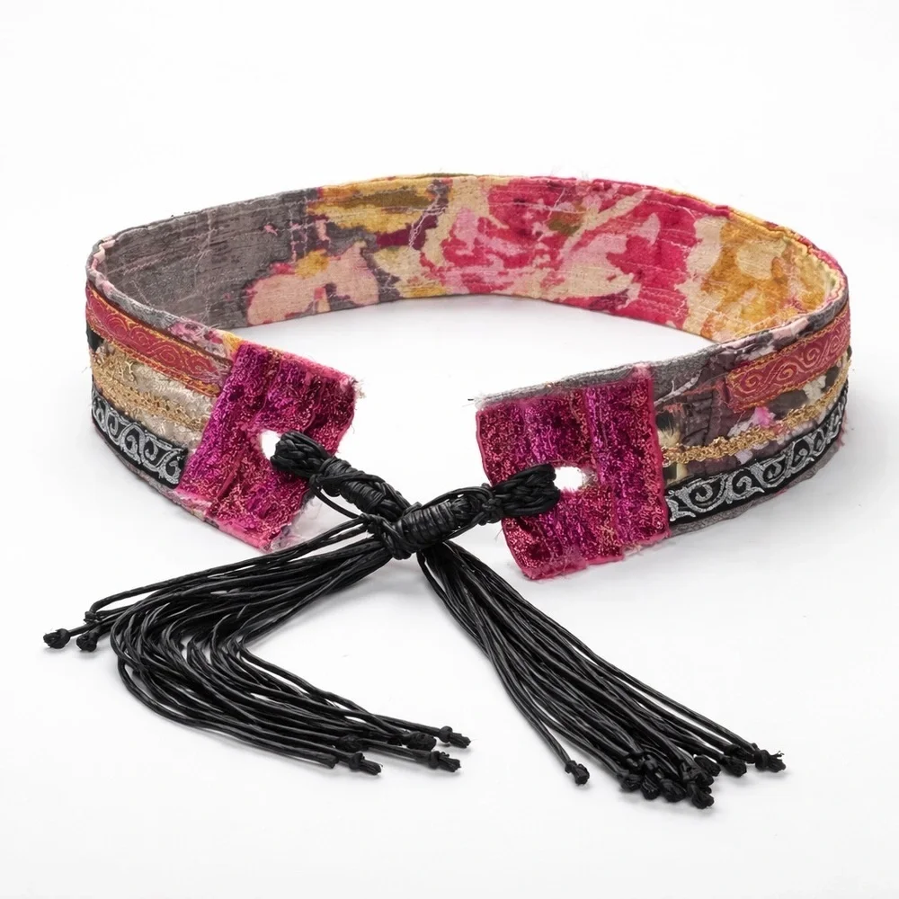 Artisan Floral Tapestry Tie Belt Pink and Black & Gold Accents Handmade Signed
